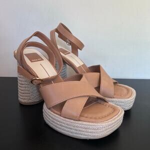 Dolce Vita Tan Brown Leather Platform Square Toe Espadrille Chunky Heel Sandal 7